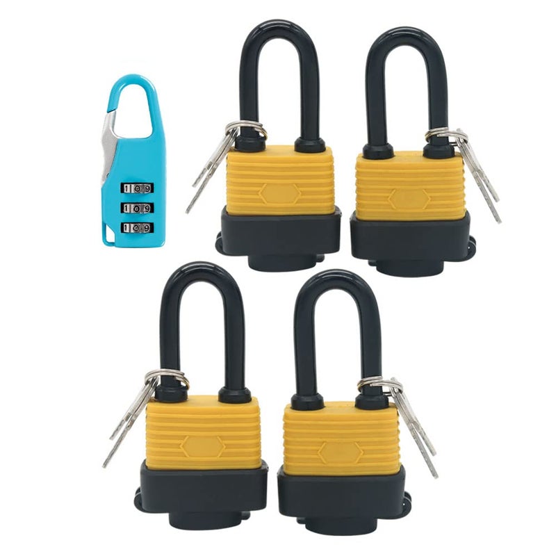 Yuehua Set of 4 Keyed Alike Waterproof Padlock, Wide Body - Weather Resistant Outdoor Padlock, 8 Keys Included ï¼ˆSend 1 Small Password Lockï¼‰ (Long Beam) - Image 1